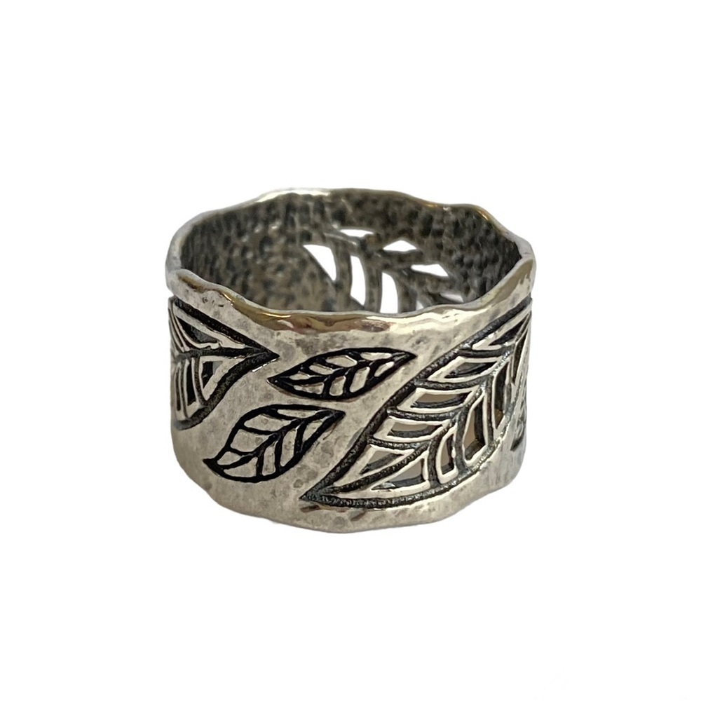 LiPaz Leaf Cutout Ring Paz Sterling Silver Wide Cigar Band Hammered Size 8 8.5‎